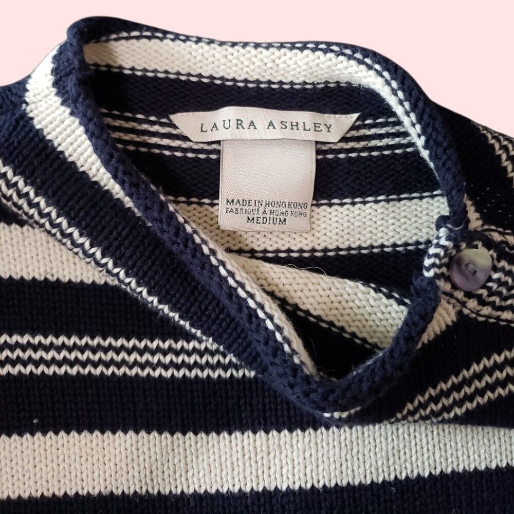 Laura Ashley Navy & White Striped Cotton Sweater Button Shoulder Womens Medium - Picture 5 of 12